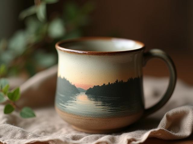 Kézzel festett kerámia bögre, Tisza folyó motívummal