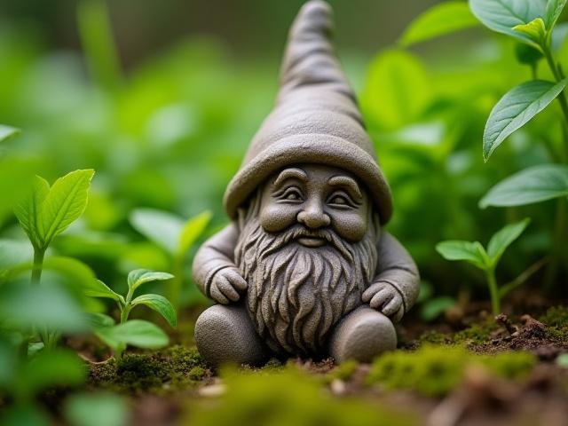 Stoneware garden gnome or figure in natural setting