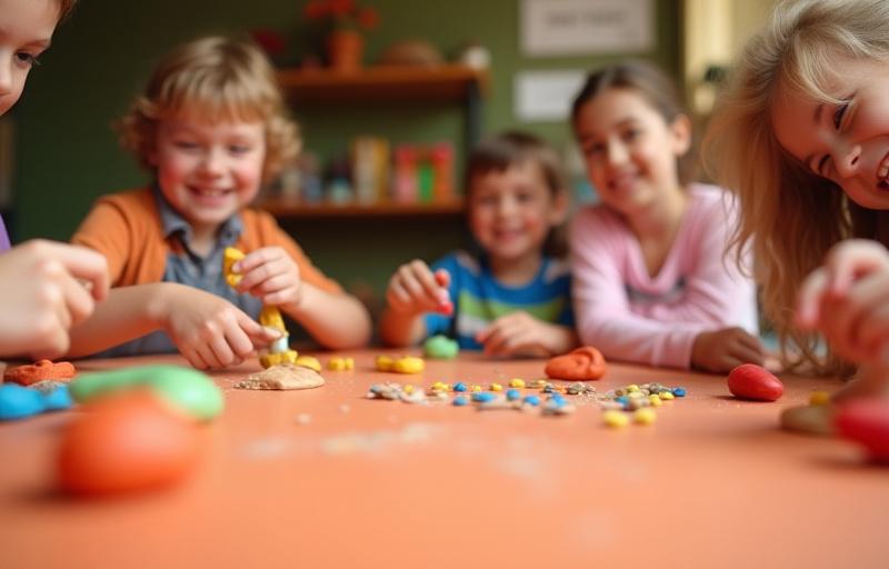 Vidám gyerekek agyagoznak terrakotta színű asztalon