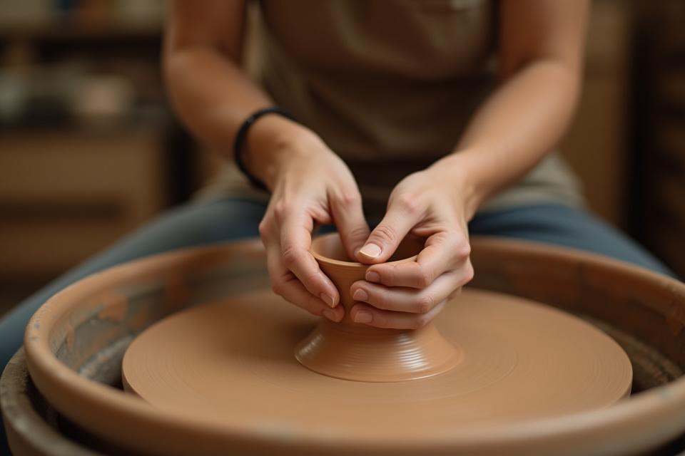 Kézműves kezek dolgoznak egy agyagdarabon a korongon