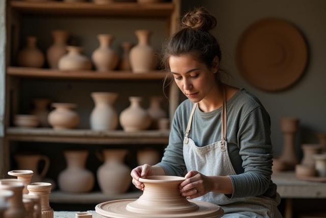 Kovács Anna, a Tisza Kézmű alapítója dolgozik a szegedi műhelyében, háttérben kerámiákkal.